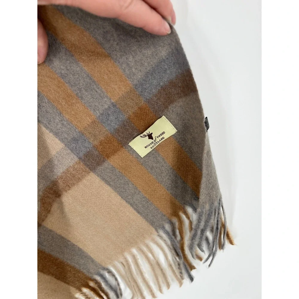 House of Tweed Scotland Plaid Scarf Tan Brown Grey Fringed Viscose Blend